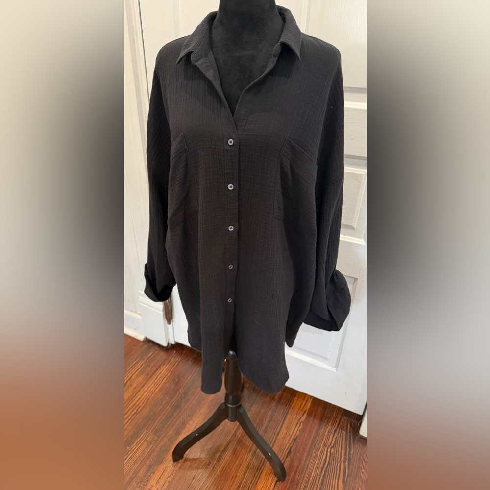 Magaschoni NWT 100% Organic Cotton Black Button Down Long Sleeve Blouse Sz Xl